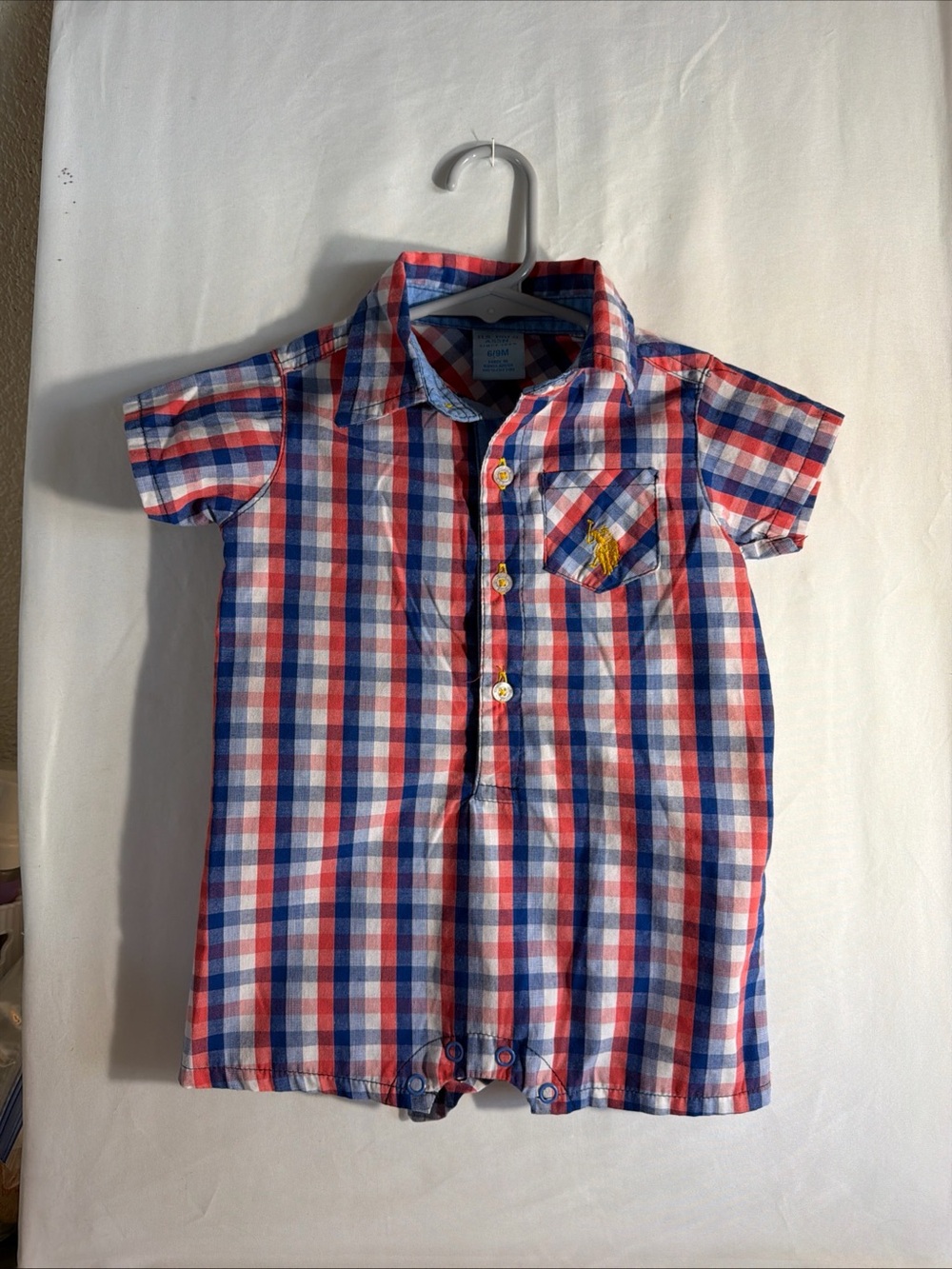 U.S. Polo Assn. Red, Blue & White Plaid Button-Front Baby Romper Size 6/9 Months